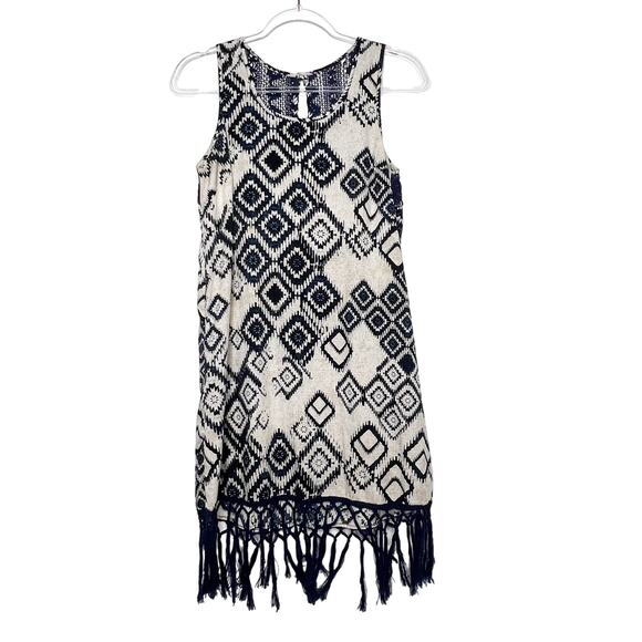 BAND OF GYPSIES Tribal Romper Dress Fringed Geometric Pattern White Blue Size S - Picture 10 of 10